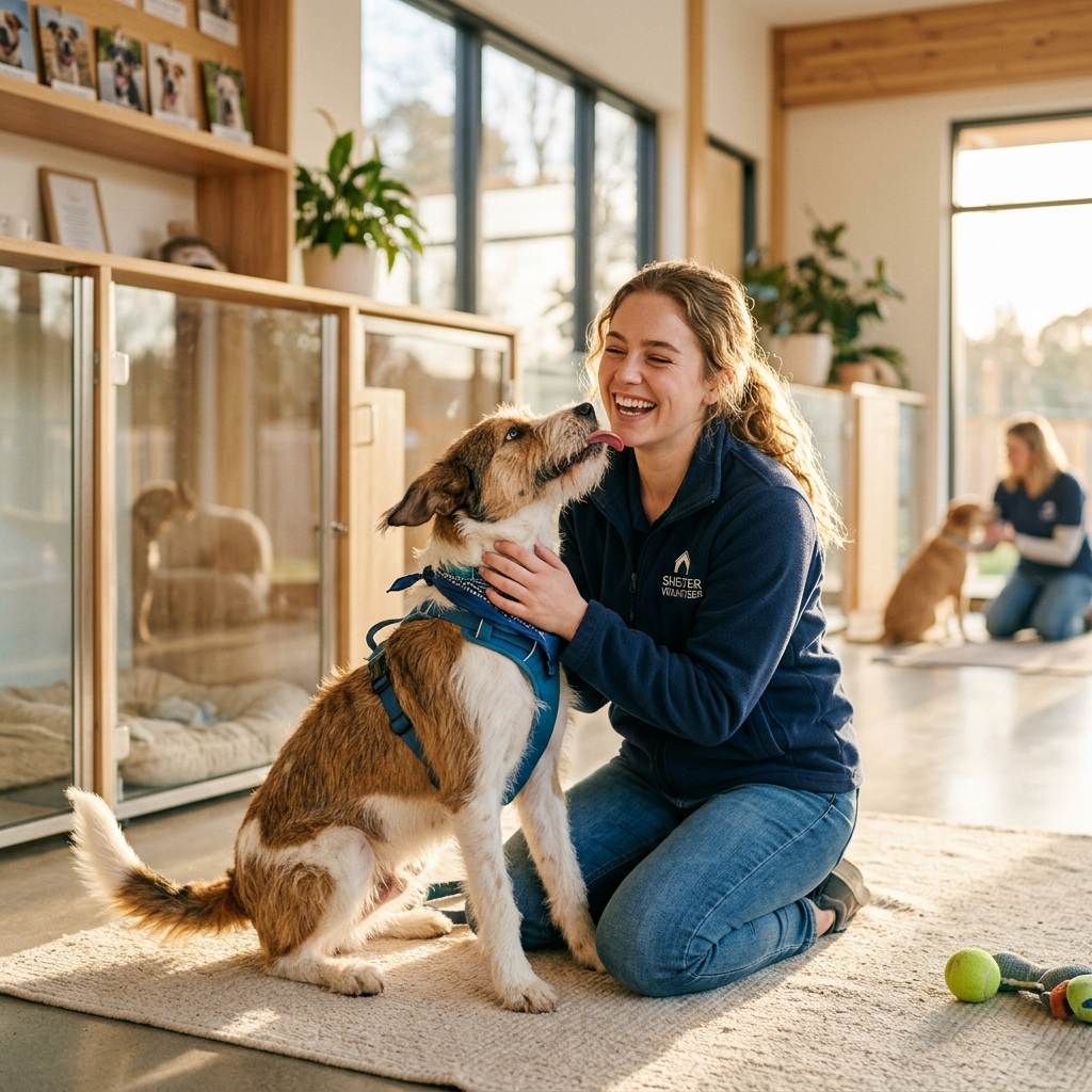 A happy rescue dog with a volunteer